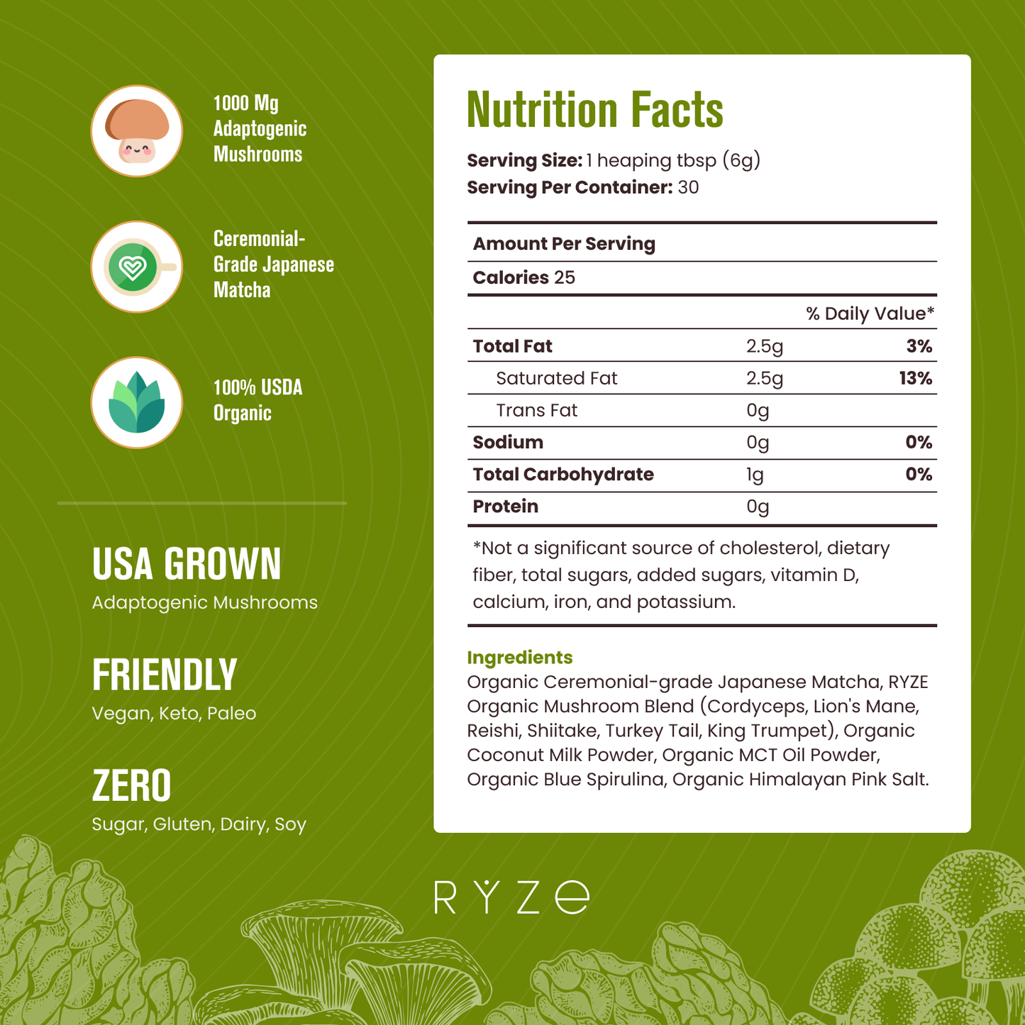 RYZE Mushroom Matcha - with 6 Organic Adaptogenic Mushrooms Grown In USA and Ceremonial-Grade Japanese Matcha - Q6AG