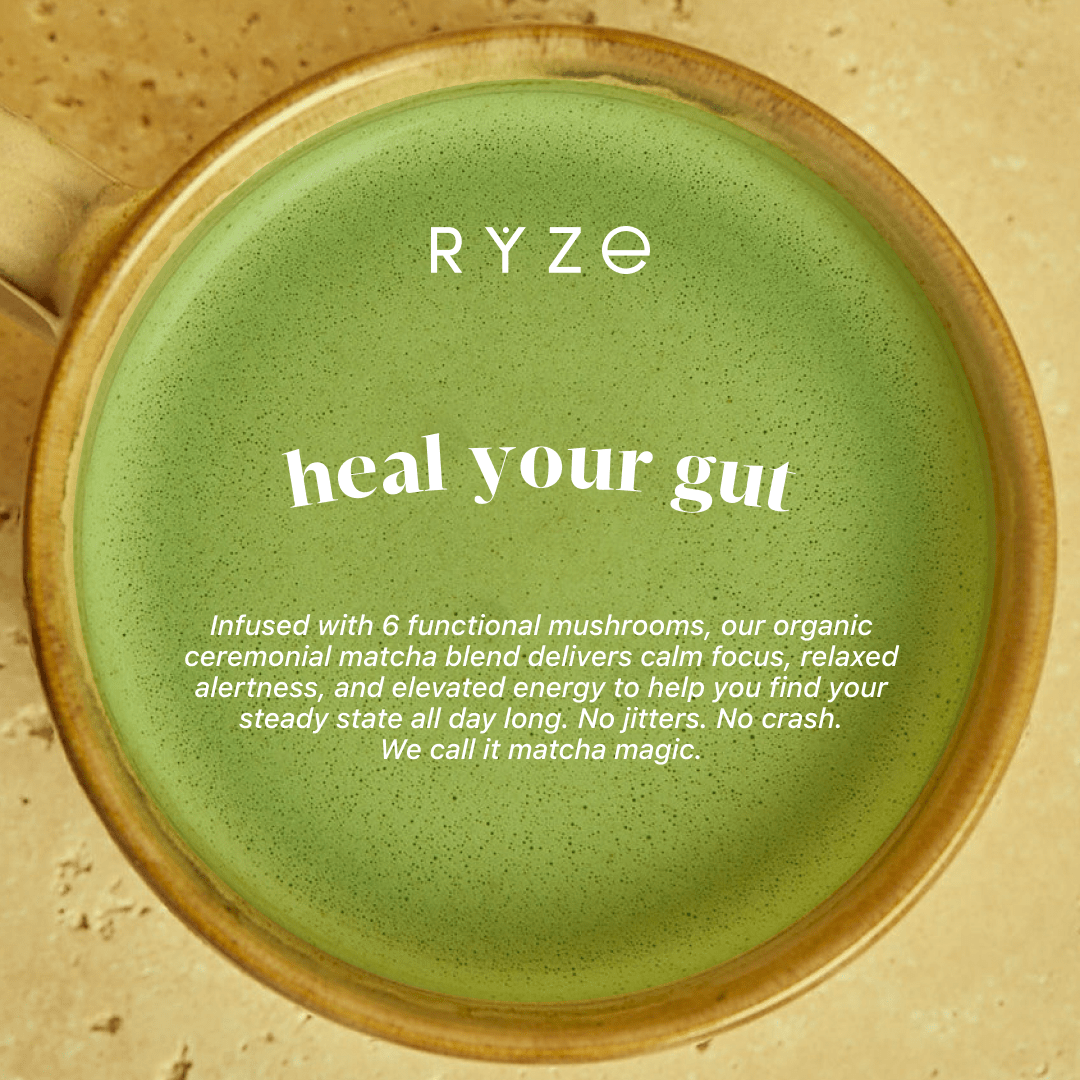 RYZE Mushroom Matcha - with 6 Organic Adaptogenic Mushrooms Grown In USA and Ceremonial-Grade Japanese Matcha - Q6AG